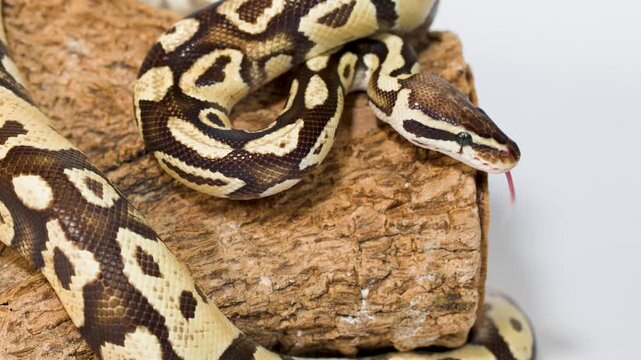 Ball python slowly exploring textured log in studio closeup
