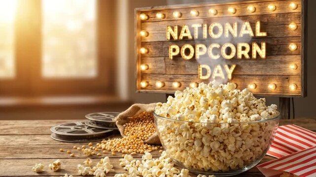 A generous glass bowl overflows with freshly popped, steamy popcorn, inviting viewers to indulge in a classic snack experience. The rustic wooden backdrop features an illuminated marquee sign, while v