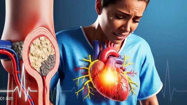Medical illustration of glowing red heart pain with arteries and plaque buildup beside ECG line.