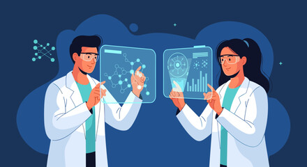 Two scientists in white lab coats interacting with futuristic digital screens showing molecule structures and research data.