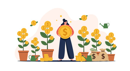Successful gardener standing in a money garden holding a giant gold coin symbolizes financial growth and investment success.