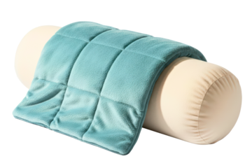 Beige cylindrical bolster pillow with folded teal fleece throw on a transparent background