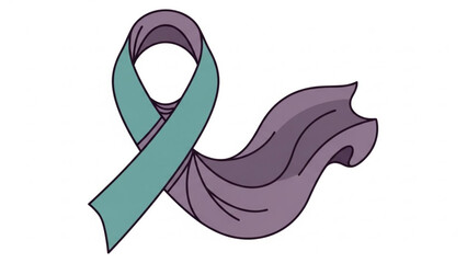 Teal and purple awareness ribbon with flowing fabric symbol for suicide prevention and mental health awareness isolated on white