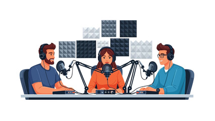 Podcast studio recording with hosts using professional microphones