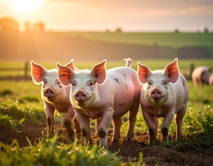 Three piglets standing, lit by the sun, in a green field