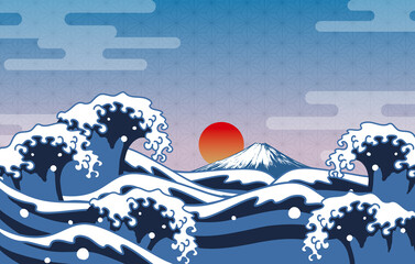 浮世絵風の波と富士山、初日の出の和風背景