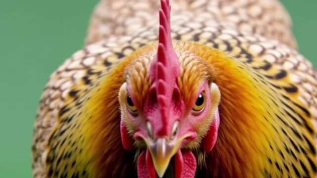 Front view 3D illustration of a brown hen chicken walking forward isolated on a green screen background.