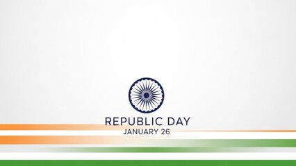 Elegant Indian Republic Day banner with Ashoka Chakra, clean white background and flowing tricolour stripes, perfect for patriotic greetings, national events and digital posts

