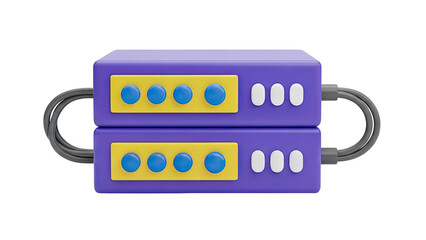 3D Cute 3D server rack with blue buttons and grey cables on transparent background