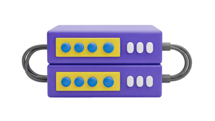 3D Cute 3D server rack with blue buttons and grey cables on transparent background