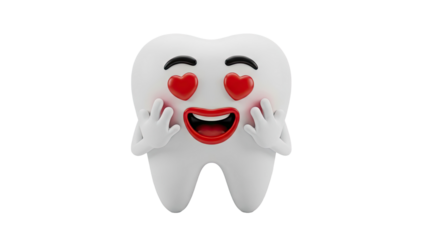 3D Cute Tooth Character with Heart Eyes on transparent background