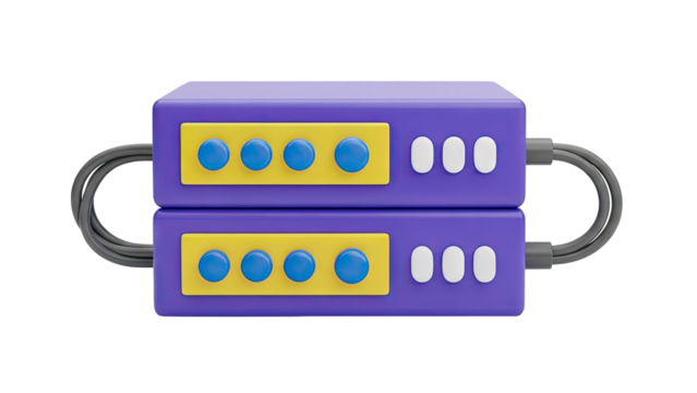 3D Cute 3D server rack with blue buttons and grey cables on transparent background - Powered by Adobe