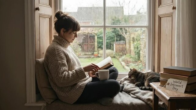 A serene scene unfolds as a young woman finds comfort and solitude while relaxing on a cozy window seat. Engrossed in a book and holding a warm mug, she enjoys a quiet moment indoors as rain gently fa