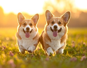 Two happy, short-legged dogs running in a field at sunset