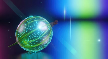 Futuristic gooseberry with integrated circuit on colorful blurry background