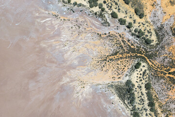 Fascinating colourful aerial view of the salt likes around the Karara Rangelands in the midwest of Western Australia