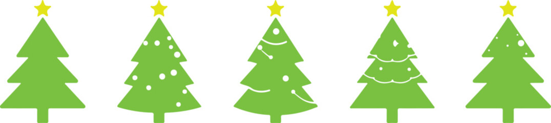 Obraz premium Five Light Green Christmas Trees with Yellow Stars and White Ornaments on White Background stylized