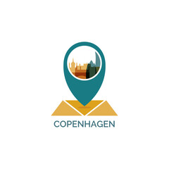 Copenhagen icon of map pin pointer, geolocation, skyline shape. Vector logo, isolated clip art. Denmark web symbol with landmarks and buildings