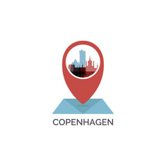 Copenhagen icon of map pin pointer, geolocation, skyline shape. Vector logo, isolated clip art. Denmark web symbol with landmarks and buildings