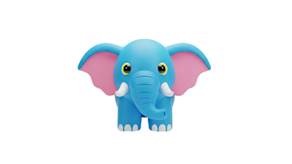 3D Cute 3D blue elephant with pink ears and yellow eyes on transparent background