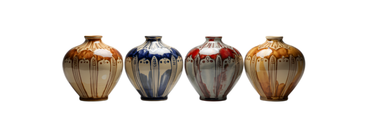 Four unique ceramic vases with colorful designs and patterns isolated on transparent background