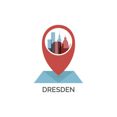 Dresden icon of map pin pointer, geolocation, skyline shape. Vector logo, isolated clip art. Germany web symbol with landmarks and buildings