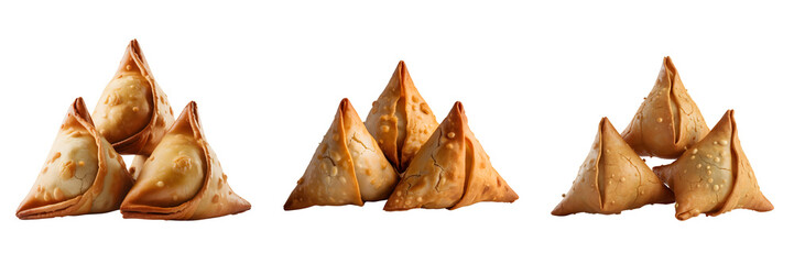 Fototapeta premium A row of crispy golden samosas isolated on transparent background