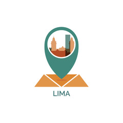 Lima icon of map pin pointer, geolocation, skyline shape. Vector logo, isolated clip art. Peru web symbol with landmarks and buildings