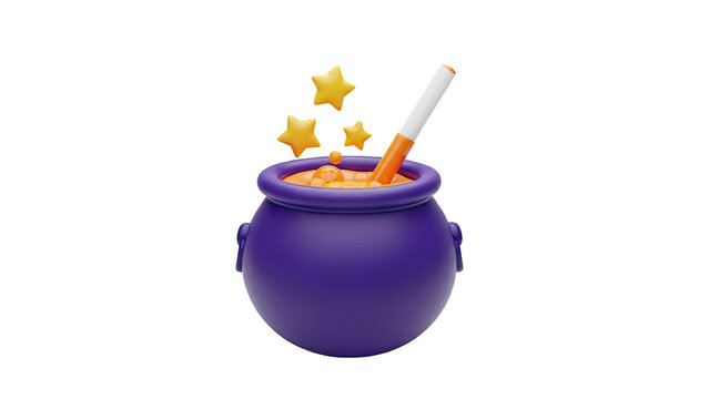 3D Magic Potion Cauldron with Stars and Wand on transparent background