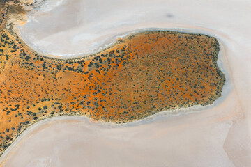 Fascinating colourful aerial view of the salt likes around the Karara Rangelands in the midwest of Western Australia