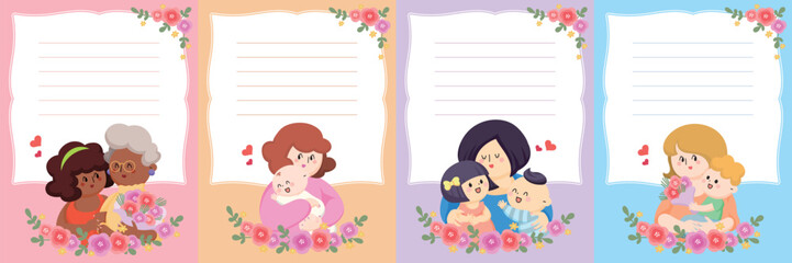 Cute Mother and Child Mother's Day Card Soft Pastel Childrens Storybook Style Letter Paper Vector Set