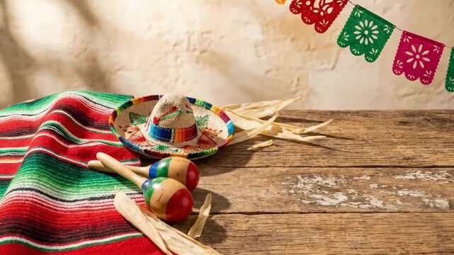A vibrant and festive arrangement of traditional cultural items is artfully displayed on a rustic, distressed wooden table. A colorful striped serape blanket drapes gracefully, alongside a miniature w
