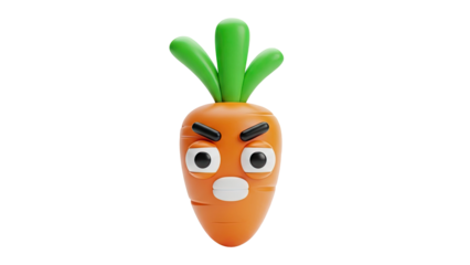 3D Angry cartoon carrot character with green leaves on transparent background