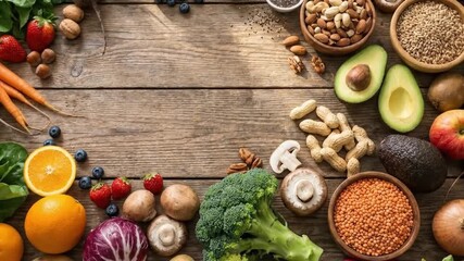 A vibrant, overhead shot captures an abundant and diverse array of fresh, wholesome ingredients meticulously arranged on a rustic wooden table. The composition features an inviting variety of colorful