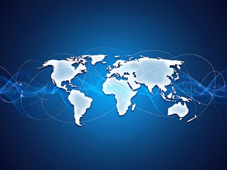 A glowing world map with dynamic lines representing global connections and networks