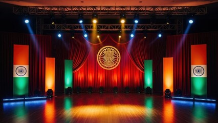 Grand Republic Day stage decoration with tricolor lighting, Indian flags, emblem backdrop and dramatic curtains, perfect for cultural programs, school events and ceremonies

