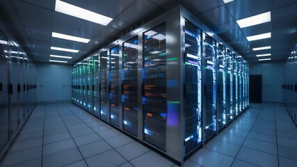 Large data center with rows of server racks and blue lighting - Powered by Adobe