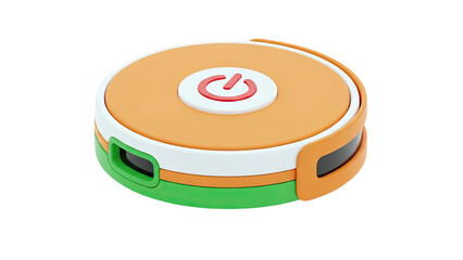 3D Robotic vacuum cleaner with power button and colorful accents on transparent background