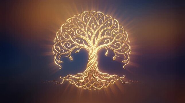 Glowing tree of life symbol with light beams abstract illustration