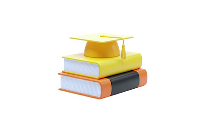 3D Stack of books with graduation cap on transparent background