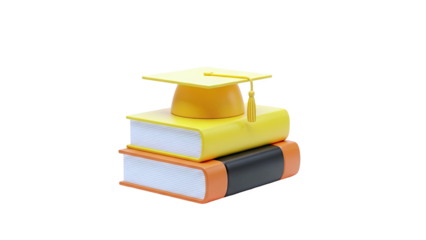 3D Stack of books with graduation cap on transparent background