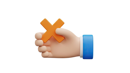 3D Hand holding orange cross symbol on transparent background