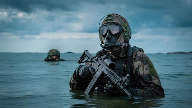 Soldiers in combat gear wade through water with guns
