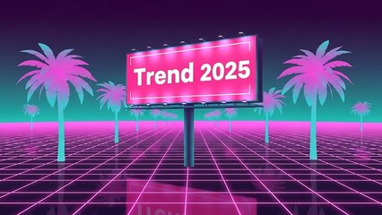 Neon sign with palm trees background.