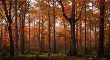 Obraz premium An autumn forest filled with trees and vibrant colors, offering a peaceful and awe-inspiring environment. The warm tones of the foliage create a stunning visual experience