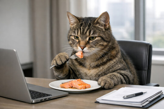A tabby cat eating salmon with a fork at a desk with a laptop