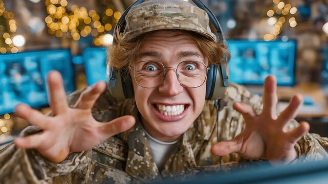 An army dispatcher wearing camouflage gasps in shock as he points to a screen that shows hostile activity.
