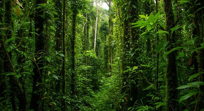 A dense, vibrant green tropical rainforest, teeming with life and lush vegetation. Sunlight filters through the canopy, illuminating the thriving ecosystem Amazonia