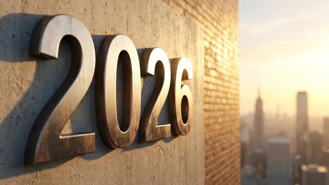 A visually striking depiction of the year '2026' rendered in large, metallic, weathered numbers, prominently affixed to a textured concrete wall. The warm, golden light of either sunrise or sunset cas