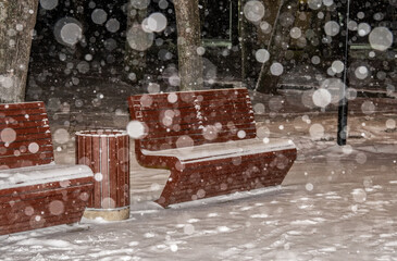 Empty park benches in the winter park during a strong snow fall at Christmas eve night.